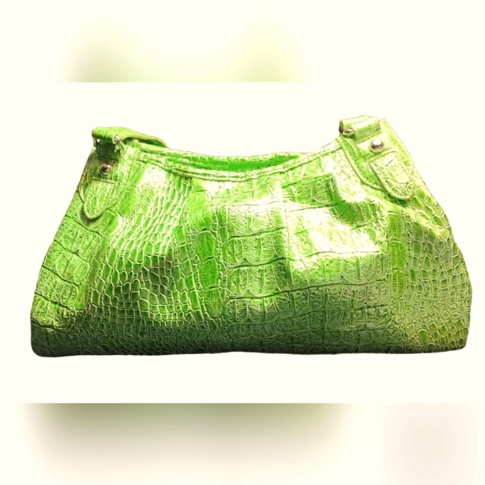 Green crocodile embossed vinyl shoulder bag